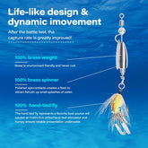 Close-up of rotating brass blade and hand-tied fly on a spinnerbait